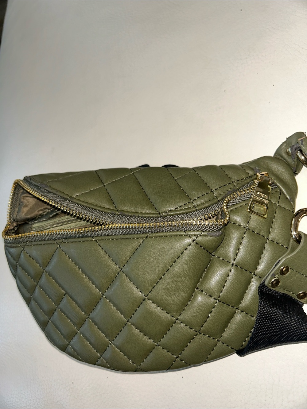 Steve Madden Quilted Olive Green Crossbody Belt Bag with Black Strap